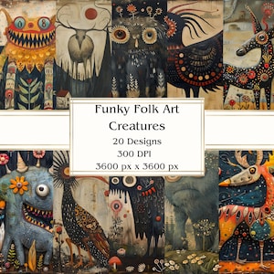 20 Funky Folk Art Creatures Digitales Papier, JPEG, 12 "x 12", Scrapbookpapier, Junk Journal, Paper Pack, Kommerzielle Nutzung