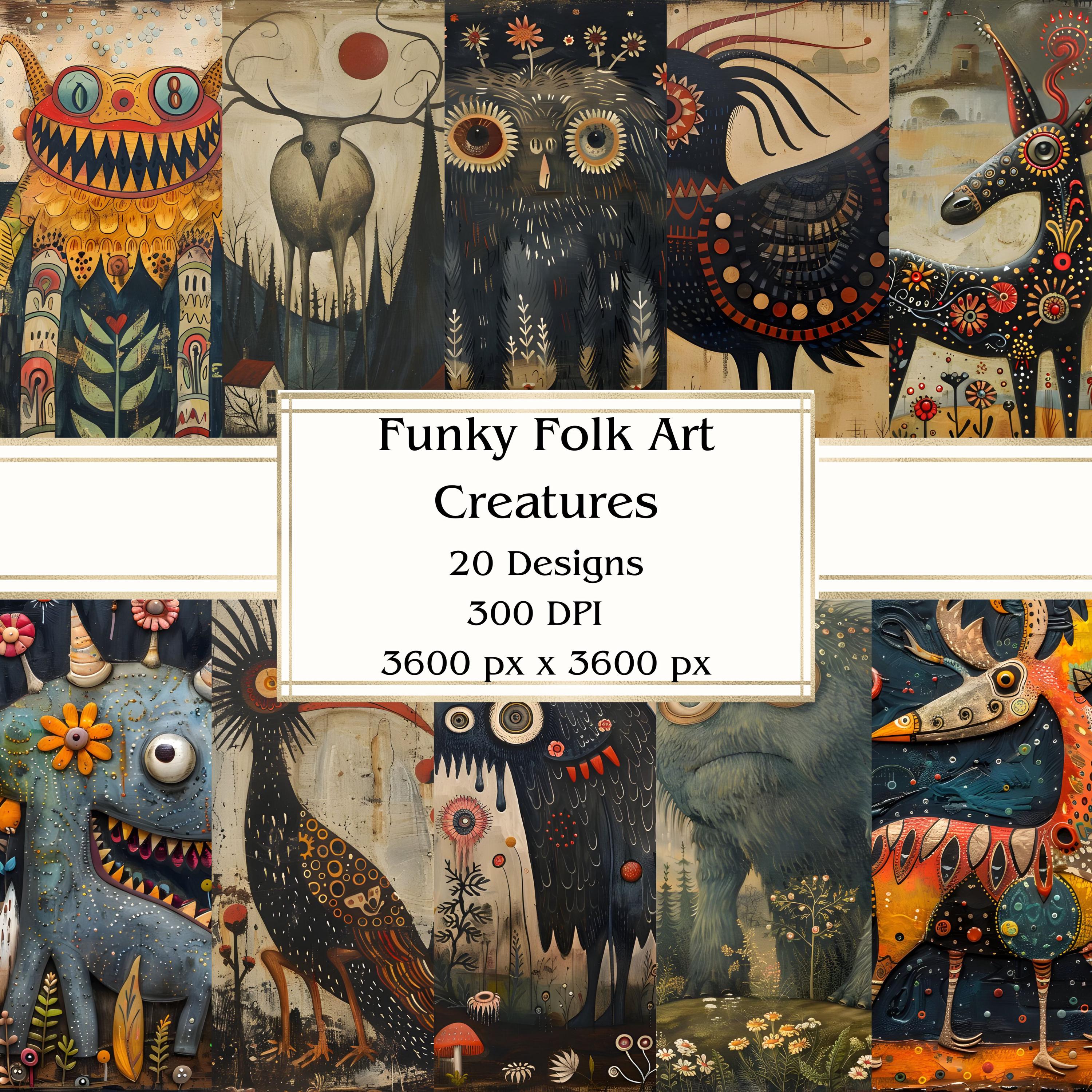 20 Funky Folk Art Creatures Digital Paper, JPEG, 12" x 12", Scrapbook Paper, Junk Journal, Paper Pack, Commercial Use