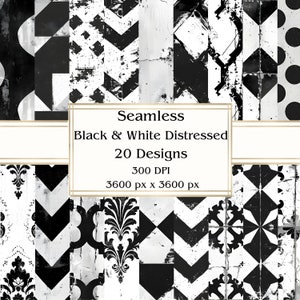 20 Black & White Distressed Seamless Digital Paper, JPEG, 12&quot; x 12&quot;, Scrapbook Paper, Junk Journal, Paper Pack, Commercial Use