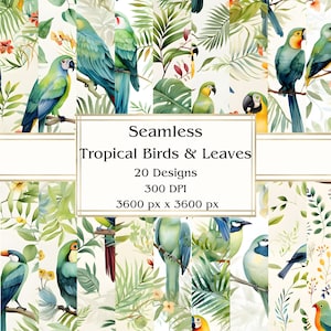 20 tropische Vögel und Blätter nahtloses digitales Papier, JPEG, 12 "x 12", Scrapbook-Papier, Junk-Journal, Papiersatz, kommerzielle Nutzung
