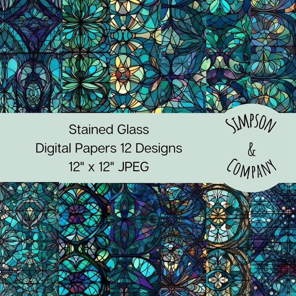 12 Stained Glass Digital Papers, JPEG, 12" x 12", Scrapbook Paper, Junk Journal, Paper Pack