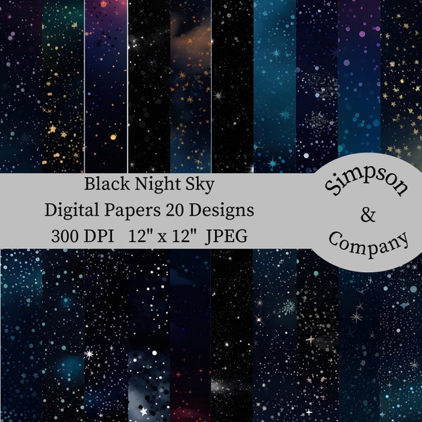 20 Black Night Sky Digital Paper, JPEG, 12" x 12", Scrapbook Paper, Junk Journal, Paper Pack, Commercial Use