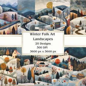 20 paesaggi di arte popolare invernale carta digitale, JPEG, 12" x 12", carta per album, diario spazzatura, pacchetto di carta, uso commerciale