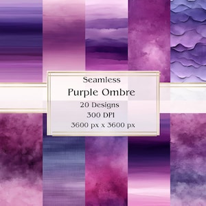 20 fioletowych, bezszwowe papiery cyfrowe Ombre, JPEG, 12" x 12", papier do scrapbookingu, Junk Journal, pakiet papieru, do użytku komercyjnego