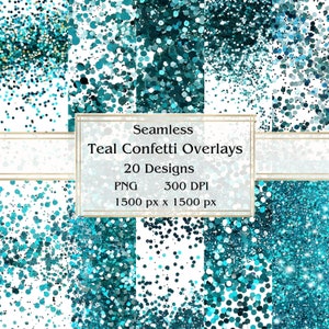 20 PNG Teal Confetti Overlay clipart sem costura, glitter gráficos, download instantâneo, uso comercial