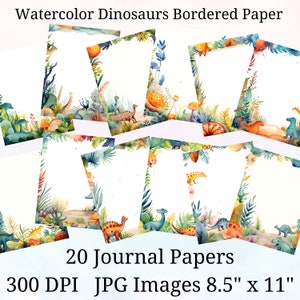 20 papel de diario con bordes de dinosaurios de acuarela, papel digital JPEG, 8,5" x 11", papel de álbum de recortes, diario basura, paquete de papel, uso comercial