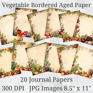 20 Journal Papier mit Gemüserand, JPEG Digital, 8,5 "x 11", Scrapbook Papier, Junk Journal, Papier Pack, kommerzielle Nutzung