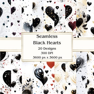 20 Black Hearts Seamless Digital Paper, JPEG, 12" x 12", Scrapbook Paper, Junk Journal, Paper Pack, Commercial Use