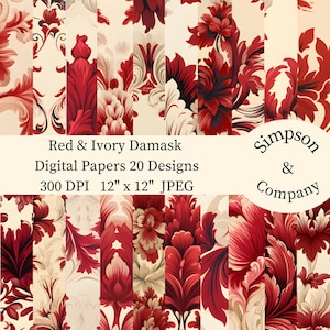 20 Red Damask Digital Paper, Victorian Digital Paper Pack, JPEG, 12&quot; x 12&quot;, Scrapbook Paper, Junk Journal, Paper Pack, Commercial Use