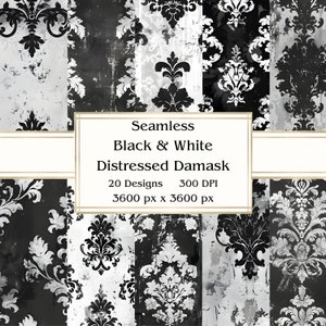 20 Schwarz-Weiß-beunruhigte Damast-nahtlose Digitalpapiere, JPEG, 12 "x 12", Scrapbook-Papier, Junk-Journal, Papierpaket, kommerzielle Nutzung