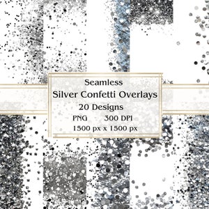 20 PNG Silver Confetti Overlay clipart sem costura, glitter gráficos, download instantâneo, uso comercial