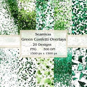20 PNG Green Confetti Overlay Clipart sem costura, glitter gráficos, download instantâneo, uso comercial