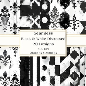 20 Black & White Distressed Seamless Digital Paper, JPEG, 12&quot; x 12&quot;, Scrapbook Paper, Junk Journal, Paper Pack, Commercial Use