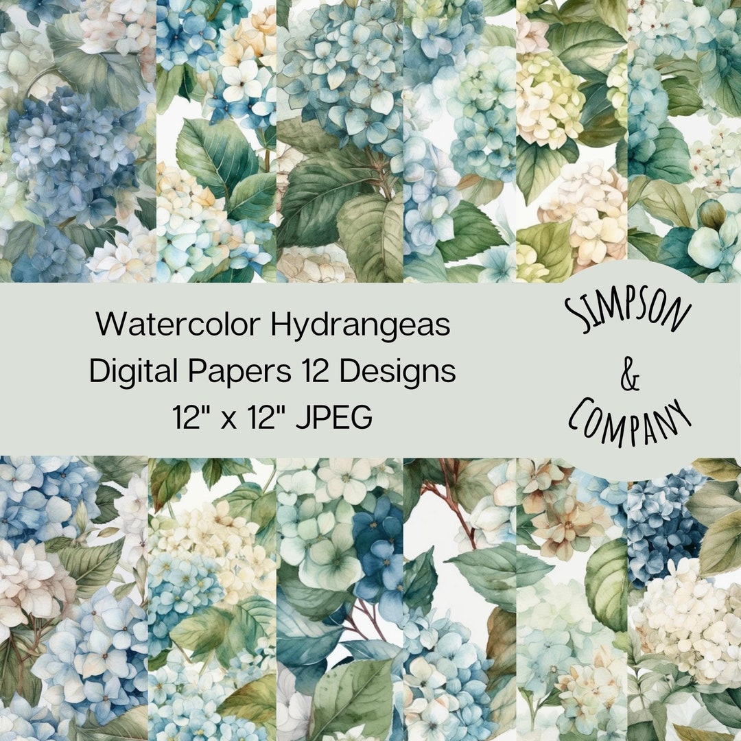 12 Watercolor Hydrangeas Digital Papers, JPEG, 12 X 12, Scrapbook Paper ...