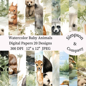 20 Digitale Papiere mit Aquarell Baby Tieren, JPEG, 12 "x 12", Scrapbook Papier, Junk Journal, Papiersatz, Kommerzielle Nutzung
