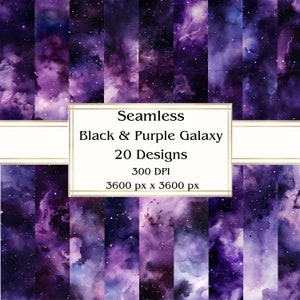 20 Zwart & Paars Galaxy Naadloos Digitaal Papier, JPEG, 12" x 12", Scrapbookpapier, Junk Journal, Paper Pack, Commercieel Gebruik
