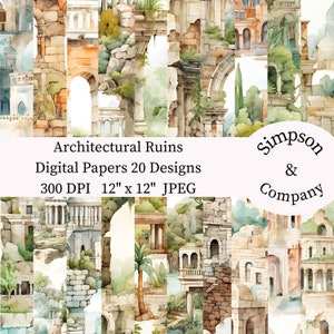 20 documenti digitali di rovine architettoniche dell'acquerello, JPEG, 12" x 12", carta per album, diario spazzatura, pacchetto di carta, uso commerciale