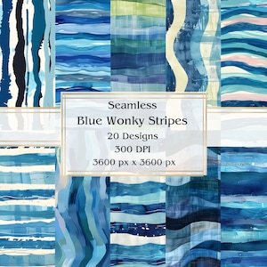 20 Blue Wonky Stripes Seamless Digital Paper, JPEG, 12" x 12", Scrapbook Paper, Junk Journal, Paper Pack, Commercial Use