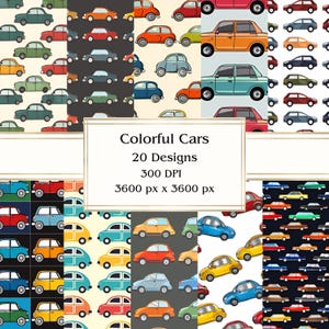 20 Colorful Cars Digital Paper, JPEG, 12&quot; x 12&quot;, Scrapbook Paper, Junk Journal, Paper Pack, Commercial Use