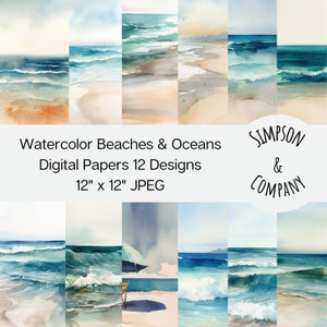 12 Watercolor Beaches & Oceans Digital Papers, JPEG, 12&quot; x 12&quot;, Scrapbook Paper, Junk Journal, Paper Pack