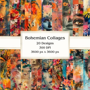 20 papel digital Boho Collages, JPEG, 12" x 12", papel para álbum de recortes, lixo eletrônico, pacote de papel, uso comercial