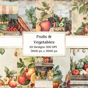 Papel digital de 20 frutas y verduras, JPEG, 12" x 12", papel para álbumes de recortes, Junk Journal, paquete de papel, uso comercial