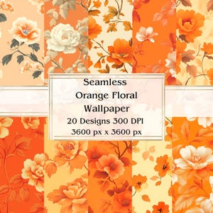 20 orange Blumen-Tapeten nahtloses digitales Papier, JPEG, 12 "x 12", Scrapbook-Papier, Junk-Journal, Papiersatz, kommerzielle Nutzung