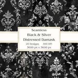 20 Black & Silver Distressed Damask Seamless Digital Paper, JPEG, 12&quot; x 12&quot;, Scrapbook Paper, Junk Journal, Paper Pack, Commercial Use