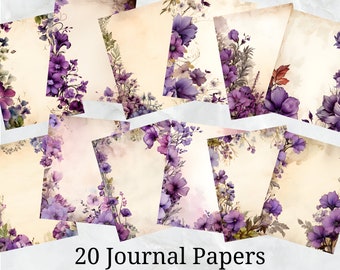 20 Purple Floral Bordered Aged Journal Paper, Digital Paper JPEG, 8.5" x 11", Scrapbook Paper, Junk Journal, Paper Pack, Commercial Use