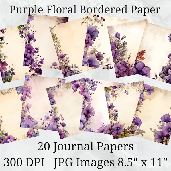 20 Purple Floral Bordered Aged Journal Paper, Digital Paper JPEG, 8.5" x 11", Scrapbook Paper, Junk Journal, Paper Pack, Commercial Use