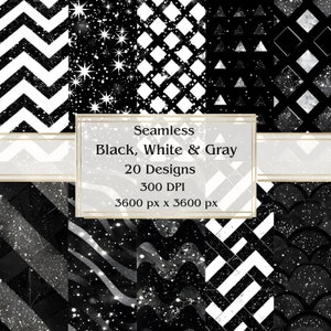 20 padrões em preto, branco e cinza, papel digital sem costura, JPEG, 12" x 12", papel para scrapbook, lixo eletrônico, pacote de papel, uso comercial