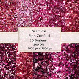 20 Padrões de Confete Rosa Papel Digital Sem Costura, JPEG, 12" x 12", Papel para Scrapbook, Junk Journal, Pacote de Papel, Uso Comercial