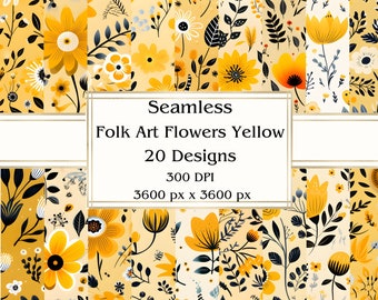 20 Folk Art Flowers Yellow Seamless Digital Paper, JPEG, 12" x 12", Scrapbook Paper, Junk Journal, Paper Pack, Commercial Use