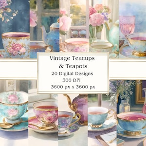 20 tazze da tè e teiere vintage acquerellate, carta digitale, JPEG, 12" x 12", carta per scrapbooking, diario spazzatura, confezione di carta, uso commerciale
