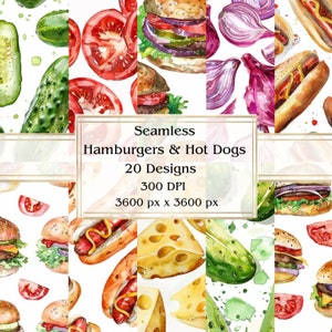 20 Hamburgers & Hot Dogs Seamless Digital Paper, JPEG, 12&quot; x 12&quot;, Scrapbook Paper, Junk Journal, Paper Pack, Commercial Use