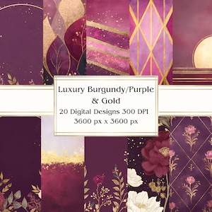 Carta digitale di lusso bordeaux/viola e oro, JPEG, 12" x 12", carta per scrapbooking, diario spazzatura, confezione di carta, uso commerciale