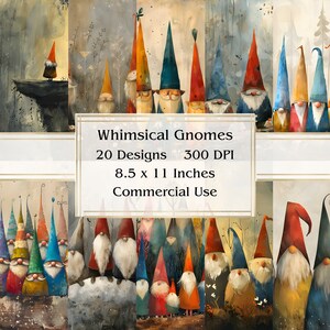 20 Whimsical Gnomes Journal Paper, Digital Paper JPEG, 8.5&quot; x 11&quot;, Scrapbook Paper, Junk Journal, Paper Pack, Commercial Use