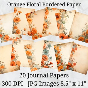 20 oranje bloemen omzoomd oud dagboekpapier, digitaal papier JPEG, 8,5 "x 11", scrapbookpapier, junk journal, papierpakket, commercieel gebruik