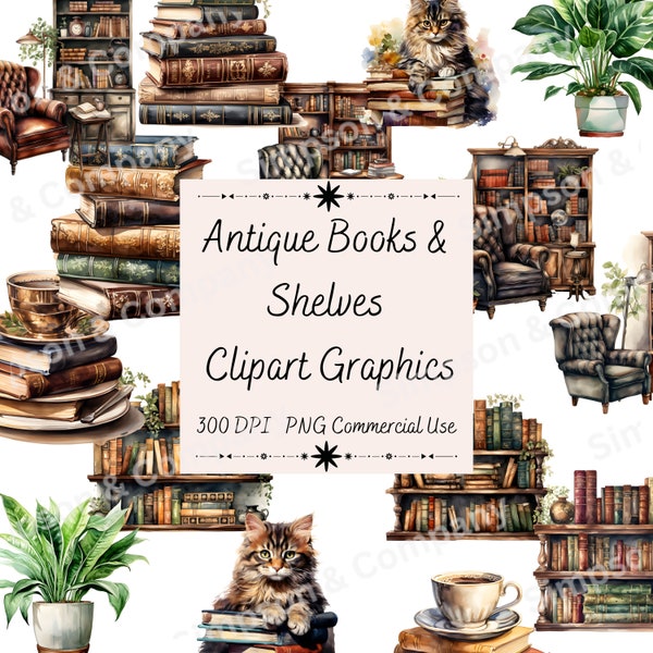 35 PNG Antique Books & Shelves Clip Art, Book Lovers Clipart, Instant Download, Commercial Use