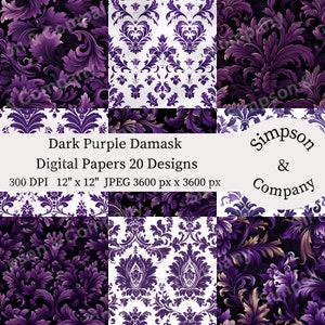 20 Dark Purple Damask Digital Paper, Victorian Paper Pack, JPEG, 12&quot; x 12&quot;, Scrapbook Paper, Junk Journal, Paper Pack, Commercial Use