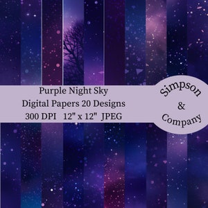 20 Purple Night Sky digitaal papier, JPEG, 12" x 12", Scrapbookpapier, Junk Journal, Paper Pack, Commercieel gebruik