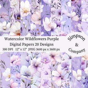 20 papel digital roxo de flores silvestres em aquarela, JPEG, 12" x 12", papel para álbum de recortes, lixo eletrônico, pacote de papel, uso comercial