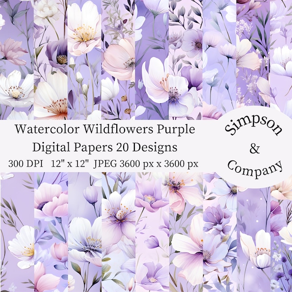 20 Watercolor Wildflowers Purple Digital Paper, JPEG, 12" x 12", Scrapbook Paper, Junk Journal, Paper Pack, Commercial Use