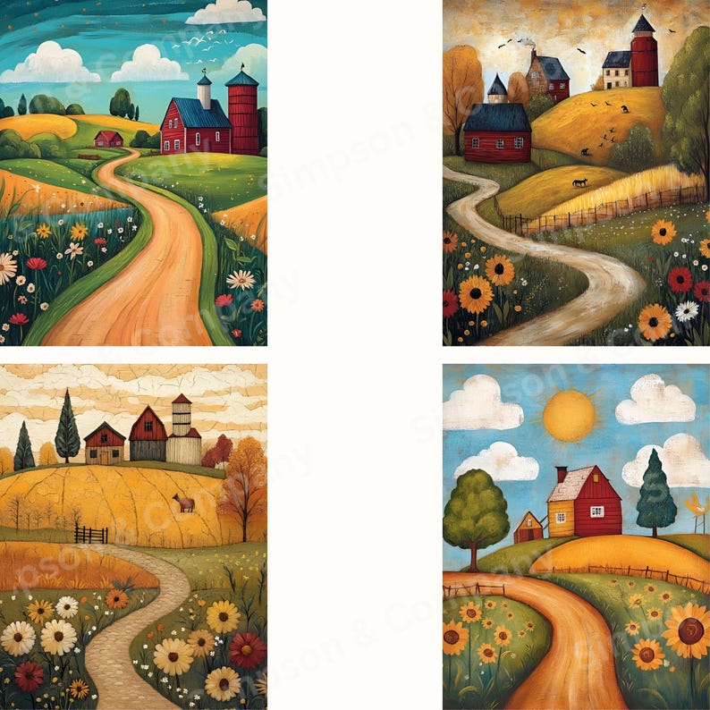 20 Folk Art Farms Journal Paper, Digital Paper JPEG, 8.5 X 11