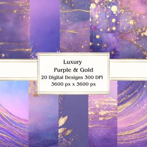 20 luxe paars en goud digitaal papier, jpeg, 12 x 12 inch, plakboekpapier, junkjournal, papieren verpakking, commercieel gebruik