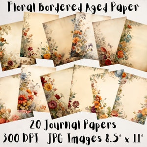 20 Floral umrandetes gealtertes Papier, Journal-Papier, Digitales Papier JPEG, 8,5 "x 11", Scrapbook-Papier, Junk-Journal, Papierpaket, kommerzielle Nutzung