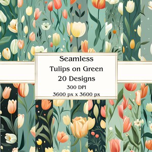 20 Tulips on Green Seamless Digital Paper, JPEG, 12&quot; x 12&quot;, Scrapbook Paper, Junk Journal, Paper Pack, Commercial Use