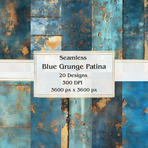 20 Papel digital sin costuras Blue Grunge Patina, JPEG, 12" x 12", Papel de álbum de recortes, Diario basura, Paquete de papel, Uso comercial