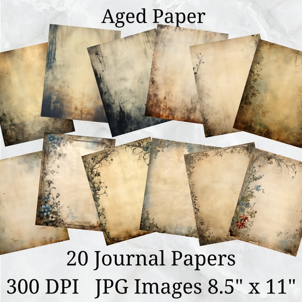 20 Aged Paper Journal Paper, Digital Paper JPEG, 8.5" x 11", Scrapbook Paper, Junk Journal, Paper Pack, Commercial Use