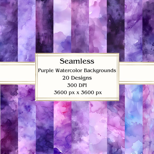 20 Purple Watercolor Backgrounds Seamless Digital Paper, JPEG, 12" x 12", Scrapbook Paper, Junk Journal, Paper Pack, Commercial Use